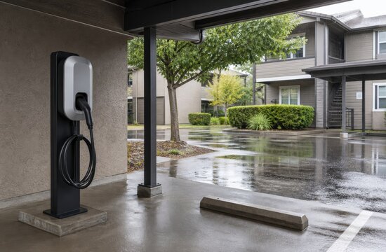 EV charging station inspection shared pedestal sheltered beneath an apartment carport