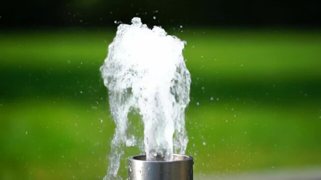 Close-up of outdoor fountain spraying water, close-up of park fountain water flow