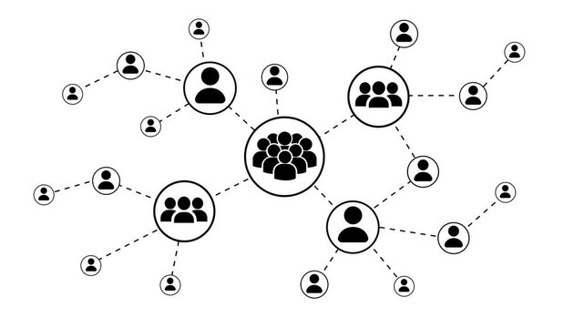 Network connection system with people icons. Network connected people with peripheral circle nodes, ideal for illustrating social networks, teamwork, connectivity, Animation of network connections