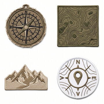 Collection of four distinct adventure themed patches showcasing exploration and navigational elements including a compass rose topographical map pattern and mountain range providing a sense of