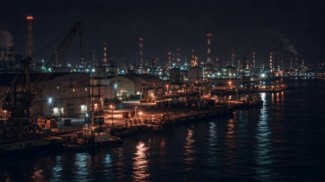 夜の工業地帯と水面に映る灯り