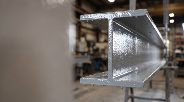 Extreme close up macro of fresh wet gray anticorrosive protective coating on industrial steel I-beam with dripping paint in factory workshop for construction structure protection.