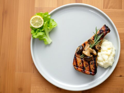 Grilled steak with mushrooms and rosemary served on a round plate with fresh lettuce and lime