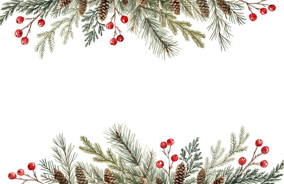Watercolor Christmas frame border with evergreen pine branches cedar cones and red winter berries with central copy space isolated on white background