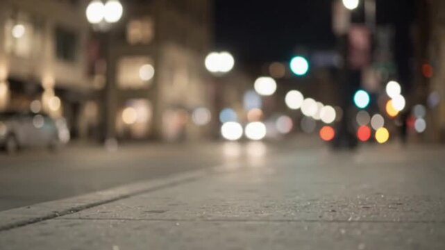 Night city street bokeh with blurred car lights on sidewalk