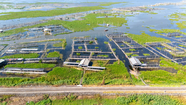 Aerial view of Lake Rawa Pening with fish farming enclosures, wooden structures, and water hyacinths, with a railway track in the foreground in Waduk Rawapening, Central Java, Indonesia.