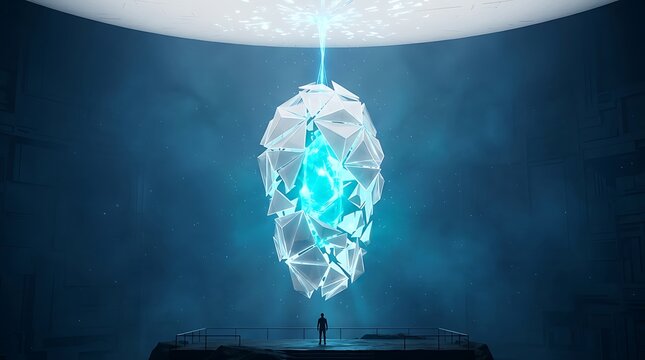 Futuristic sci-fi energy core illustration, glowing geometric crystal artifact in dark laboratory, abstract high tech light concept art