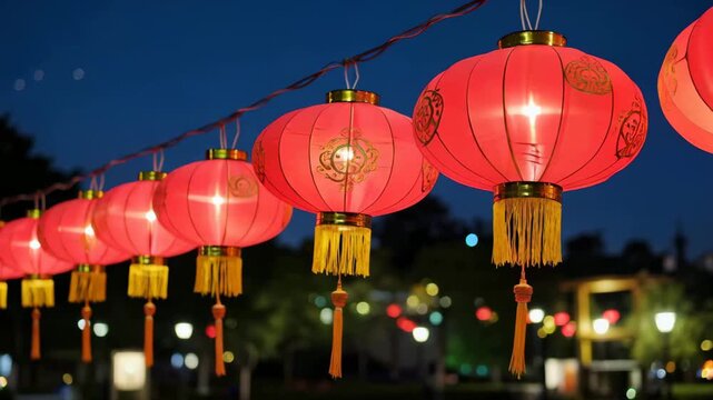 Chinese red lanterns hanging at night, red lantern night view decoration
