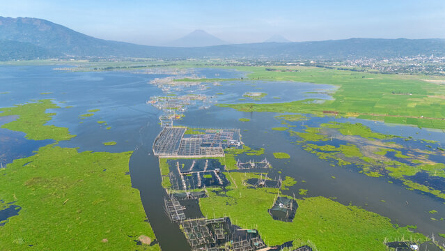 Aerial view of Lake Rawa Pening featuring numerous floating fish farms amidst lush green vegetation and calm waters with distant mountains in Waduk Rawapening, Central Java, Indonesia.