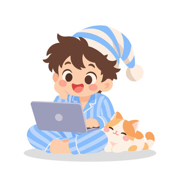 Office Worker Working from Home in Pajamas with Cat at Laptop Funny Illustration