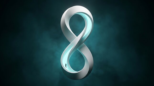 Futuristic 3D infinity symbol, metallic silver loop on dark teal background, glowing mobius strip icon for technology, modern abstract concept art