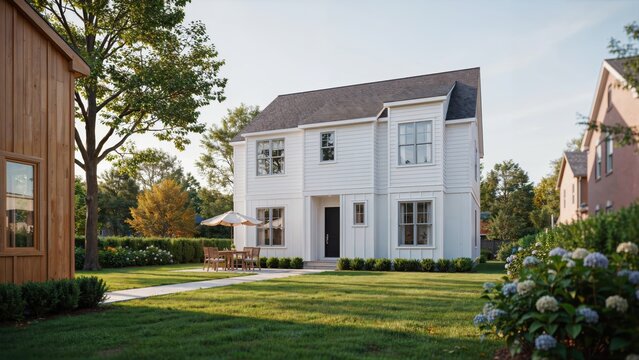 A white house with a green lawn and hydrangea bushes wallpaper on a garden background texture