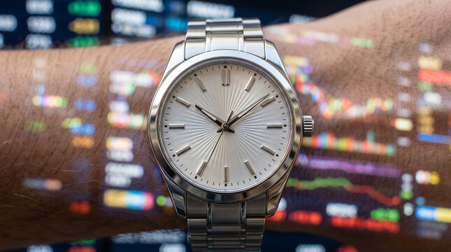 Wristwatch with metallic band worn on arm displaying financial market data charts and stock tickers on a blurred digital screen representing investment progress and trading activity showing the