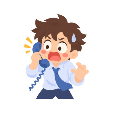Shocked Office Worker Holding Phone Receiver Surprised Call Cartoon Illustration