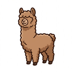 Obraz premium Vector Illustration of a Cute and Fluffy Brown Llama Standing in a Side Profile View, Isolated on White Background, Perfect for Nursery Decor, Children Stickers, and Animal Mascot Design