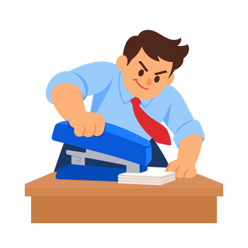 Determined Office Worker Slamming Stapler on Papers Desk Work Cartoon Illustration
