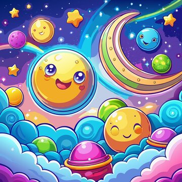 Cute Kawaii Space Planets Moon and Clouds Vector Background Illustration