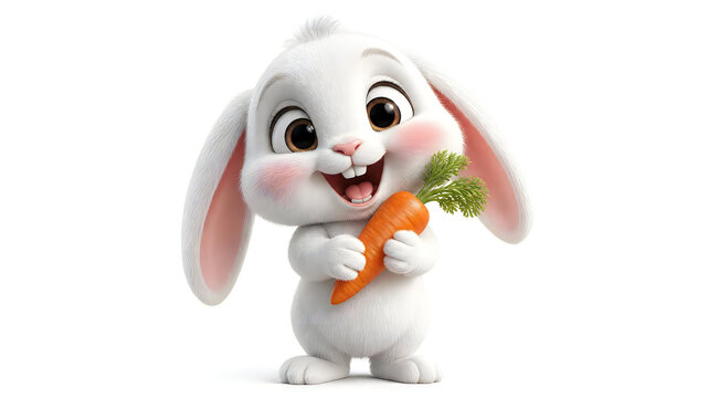 Adorable 3D cartoon white bunny rabbit standing on an isolated white background holding a fresh orange carrot. High quality 3D rendered character illustration perfect for Easter design, spring themes,
