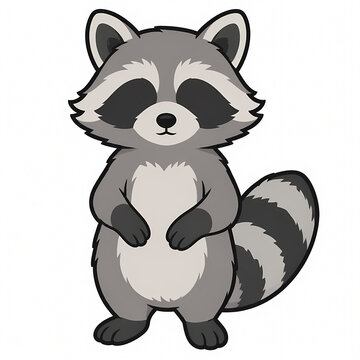 Vector illustration of a cute raccoon standing in a friendly pose with closed eyes, featuring a striped tail and gray fur, isolated on a white background for mascot or design use.