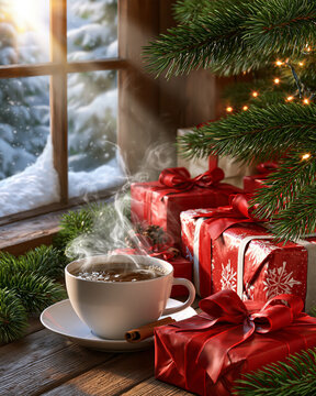 Cozy Christmas scene with steaming coffee and wrapped gifts. Sunlight filters through snowy window. Framed by evergreen branches and warm lights. Steam rises gently from porcelain cup