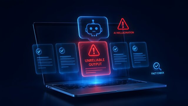 AI Unreliable Output Hallucination And Fact Check Laptop Concept