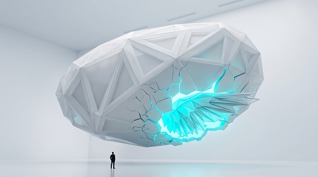 Tiny person looking up at a giant fractured white geometric sphere emitting bright cyan light