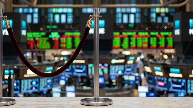 View of bustling financial trading floor with numerous digital displays showing market data and stock tickers separated by velvet ropes guiding pedestrian flow within a large economic exchange