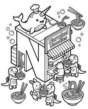 Isometric Alphabet Worksheet for Preschool Learning Whimsical Narwhal Noodle Shop with Animal Characters 3D Letter Recognition Activity for Kids Printable Isometric Alphabet Practice Worksheet