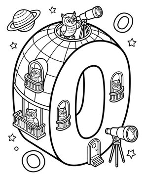 Isometric Alphabet Worksheet for Preschool Learning Owl Observatory in Space Coloring Page for Kids 3D Letter Recognition Activity for Kids Printable Isometric Alphabet Practice Worksheet