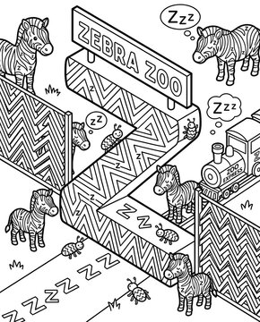 Isometric Alphabet Worksheet for Preschool Learning Whimsical Zebra Zoo Illustration with Sleeping Zebras 3D Letter Recognition Activity for Kids Printable Isometric Alphabet Practice Worksheet