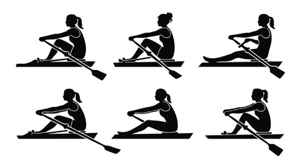 Fototapeta premium Female Rowing Athletes Rowing Poses Silhouette Vector Set 