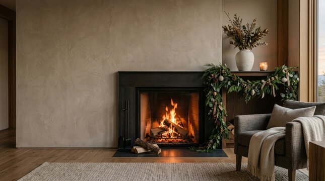 Cozy fireplace burning warmly in a modern living room