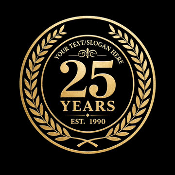 Golden anniversary emblem with laurel wreath celebrating twenty five years of excellence in business