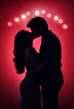 Silhouette of a romantic couple kissing under warm bokeh lights in intimate embrace