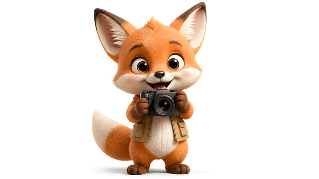 Cute 3D cartoon fox wearing a jacket and holding a small camera while standing on a clean white background. Adorable baby fox character 3D render illustration ideal for photography branding, children 