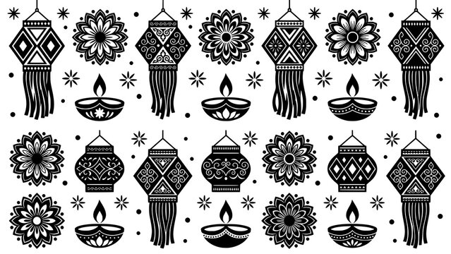 Decorative diwali pattern with hanging lanterns flower mandalas oil lamps
