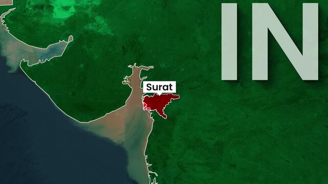 Surat city highlighted on India map motion graphics video clip