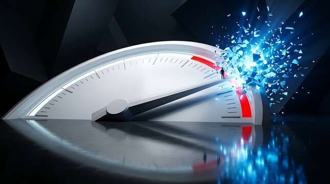 Speedometer gauge needle hitting maximum limit with bright blue electrical energy sparks and glow