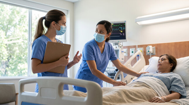 Two hospital nurses conduct bedside shift handover beside adult patient, supporting care coordination, nursing teamwork, clinical communication, continuity of care and patient safety.