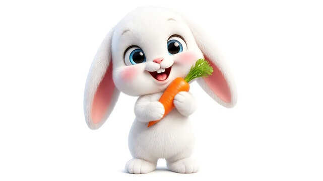 Cute 3D rendered white rabbit character standing isolated on a bright white background holding an orange carrot with a green top in a friendly cheerful pose, detailed digital illustration of an adorab