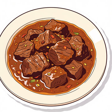 High-quality vector illustration of beef rendang, a traditional spicy Indonesian meat dish served on a white plate, featuring tender slow-cooked beef chunks in rich coconut sauce.