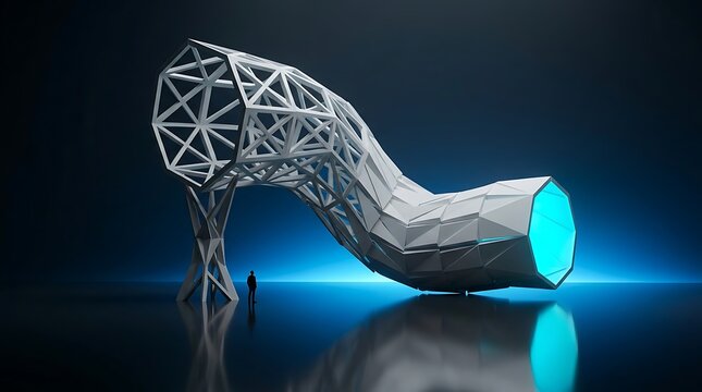 Futuristic high heel sculpture illustration, modern parametric architecture design, glowing white organic high-tech footwear concept