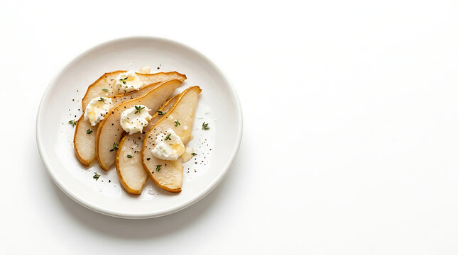 Baked pear slices with goat cheese and herbs on a plate with copy space