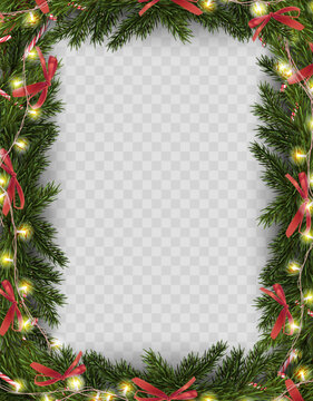Realistic vector 3D Christmas frame made of lush fir branches, glowing string lights, red bows and candy canes. Festive holiday border with large copy space isolated on transparent background.
