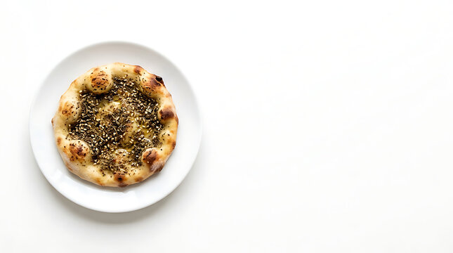 Traditional manakish zaatar flatbread on white plate with sesame seeds