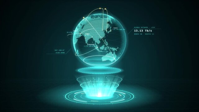 Holographic Earth Rotating Above Glowing Projector With HUD Data