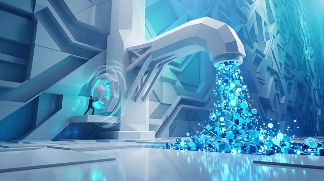 Futuristic Data Tap Pouring Glowing Digital Information, Big Data Mining Concept, Sci-Fi Technology Background