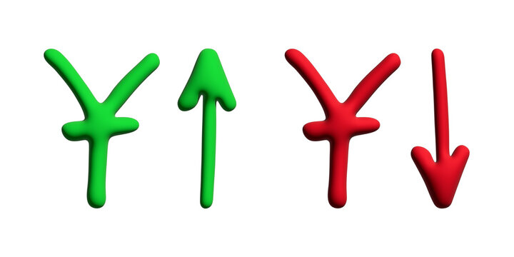 Hand drawn chinese yuan currency symbol Growth and fall profit with arrow up and down Brush stroke doodle Element for design