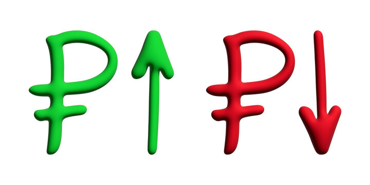 3d russian ruble currency symbol Growth and fall profit with arrow up and down Element for design