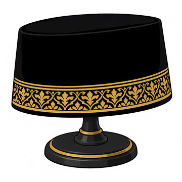 Traditional Indonesian and Malay black peci or songkok cap with elegant gold floral pattern on a stand, vector illustration of a cultural headwear for Muslim men and formal events.